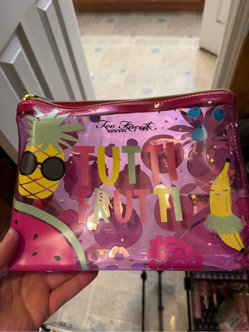 Small Too Faced Pink Tutti Frutti Clear Vinyl Cosmetic Pouch